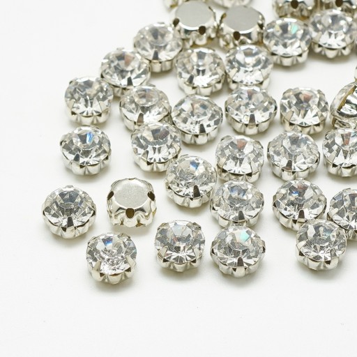 Kamienky na šitie, sklenené/mosadzné, okrúhle ploché, číre, 8x6mm, 20ks