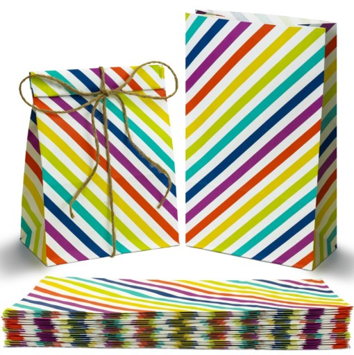 25 x PAPIEROVÉ VRECKÁ 16x8x27cm FAREBNÉ S PRÚŽKAMI NA SLADKOSTI