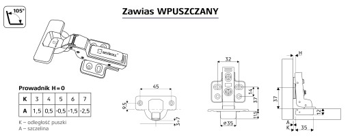 Zadlabací pánt Sevroll SILENT CLOSE 6x2 skrutky