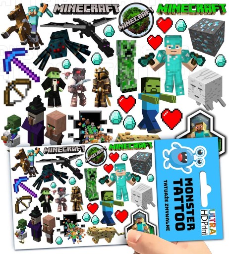 UMÝVAJÚCE DOČASNÉ TETOVANIE PRE DETSKÉ DETSKÉ MINECRAFT ORIGINÁLNE VZORKY
