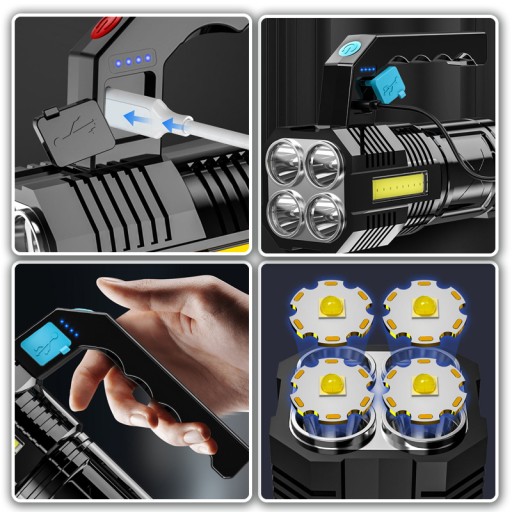 Multifunkčná, nabíjateľná LED baterka, svetlomet, USB NABÍJACIE