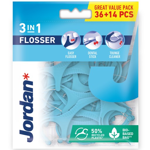 JORDAN Flosser 3v1 Špáradlá s dentálnou niťou medzi zuby 50 ks.