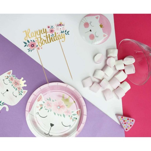 Papierové taniere biele KOTEK mačacie kvety 18 cm