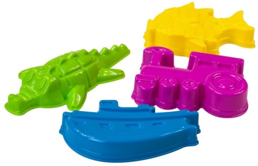 HRAČKY DO PIESKU, PIESKOVNICE, LOPATKA, RABINY, FORMY, 4 KUSY.