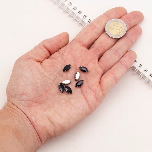 Štrasové kamienky na šitie v košíku, sklo a mosadz, konské oko 12x6mm, 10ks