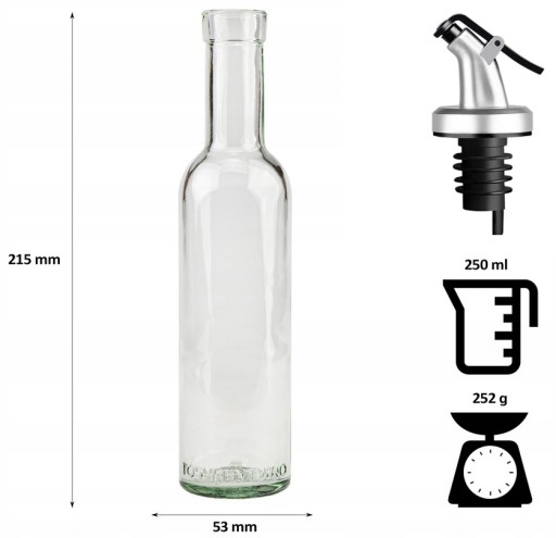 SKLENENÁ FĽAŠA S NÁPLŇOU A DÁVKOVAČOM NA OLIVOVÝ OLEJ VÍNNY OCOT 250ml
