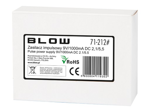 SPÍNANÝ NAPÁJACÍ ZDROJ BLOW 9V 1A 2.1 / 5.5 DC 1000mAh