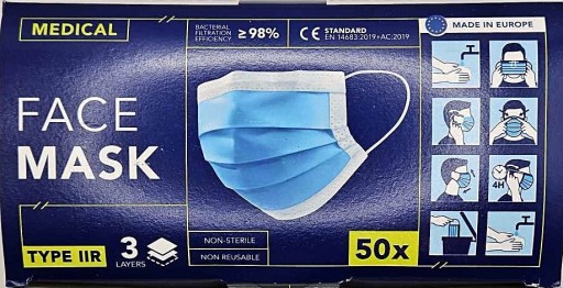 LEKÁRSKA OCHRANNÁ MASKA typ IIR, 3-vrstvová, 50 ks