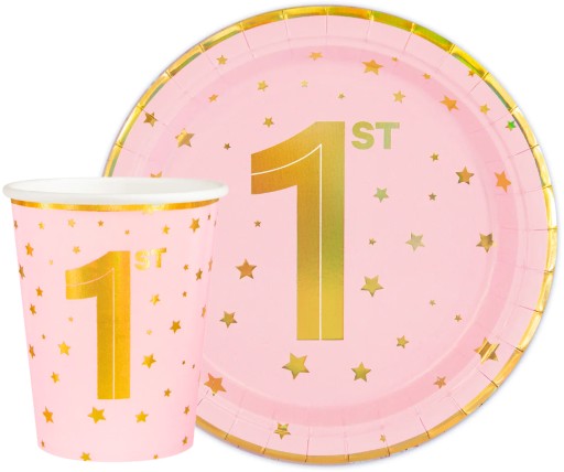 SADA hrnčekov a tanierov, RUŽOVÁ SO ZLATÝMI HVIEZDIČKAMI, ROČNÉ DIEVČATKO, 12 ks.