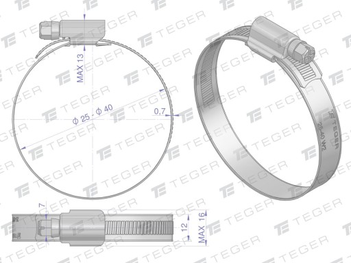 Zosilnená svorka 25-40, šneková svorka W2, nehrdzavejúca oceľ, šírka 12 mm TEGER
