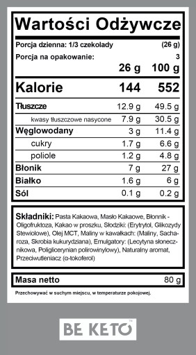 BeKeto Vegan Keto Čokoláda s MCT olejom 80g - Divoká malina