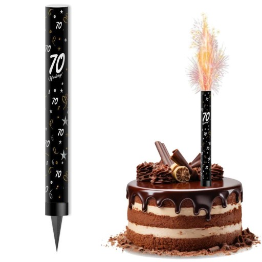 ČIERNA torta fontána svetlice 70th BirthDAY streamery dekorácia hviezd 18cm