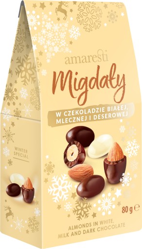 MANDLE ORIEŠKY V BIELEM MLIEČNOM ČOKOLÁDE DEZERT AMARESTI ZIMNÉ 80G