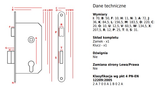 Ekonomická cylindrická vložka JANIA bez západky 72/50 pravá predná 220 mm