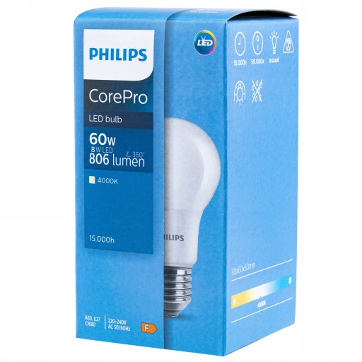E27 LED žiarovka 8W = 60W 806lm 4000K Neutral White CorePRO PHILIPS