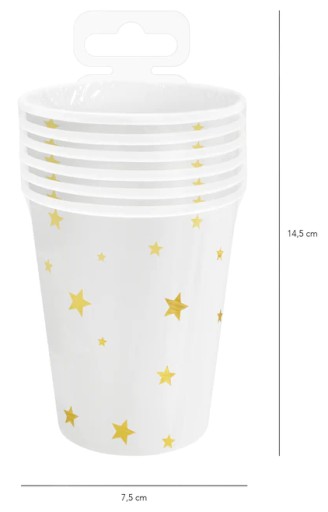 Papierové poháriky BIELY pohár so ZLATÝMI HVIEZDAMI 220ml 6ks