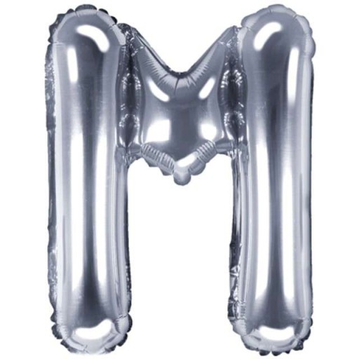 Fóliový balón PÍSMENO M, STRIEBORNÁ abeceda, nápis MINI