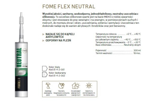 NEUTRÁLNY sklenený sanitárny silikón, biely, 300ml Fome Flex, kvalita PREMIUM