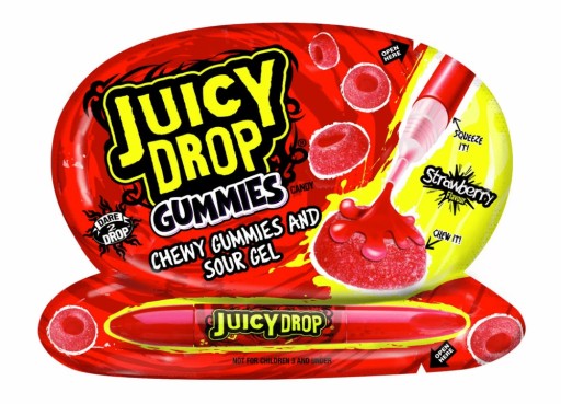 ŠŤAVNÉ KVAPKY GUMMIES OVOCNÉ ŽELÉ S KYSELNÝM GÉLOM V RUŽOVOM BAZOKOVOM CUKROVINE 57G