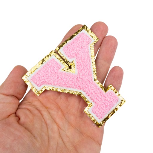 NÁŠIVKA ružová veľké PÍSMENO Y, nápis glitter igrek