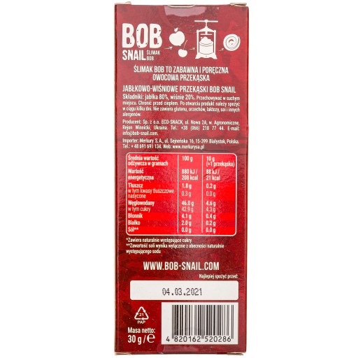 Bob Slimák Jablko a čerešňa snack 100% OVOCIE