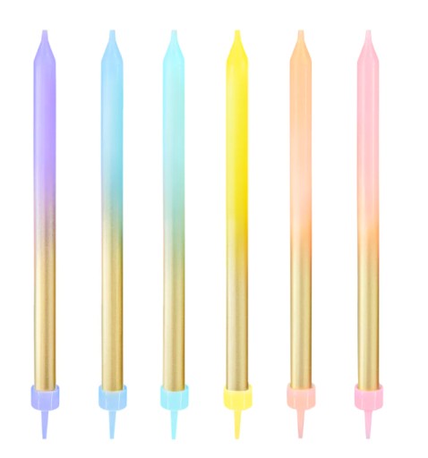 FAREBNÉ RAINBOW 0 - ZLATÉ sviečky na narodeninovú tortu LONG 12,5 cm 6 ks