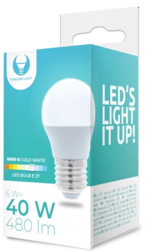 E27 LED žiarovka 6W 480lm studená 6000K G45 guľ