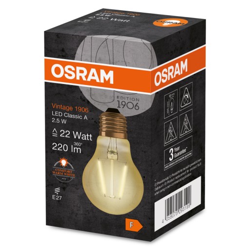 Ozdobná LED žiarovka E27 A60 2,5W 2400K OSRAM