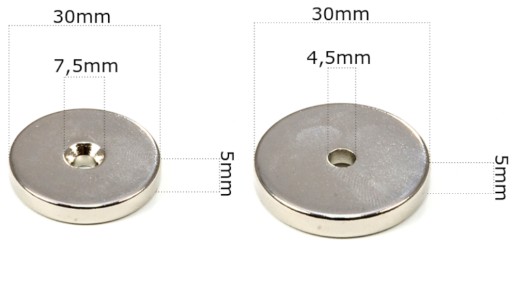 SILNÝ NEODYMOVÝ MAGNET 30x5 mm S OTVOROM 7,5/4,5 mm NA SKRUTKU