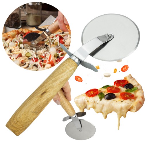 Nôž na krájanie PIZZY, okrúhly, ostrý, drevená rukoväť, vrúbkovaný krájač