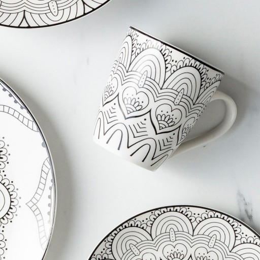 PORCELÁNOVÝ hrnček na pitie kávy, čaju, nápojov, biely, čierny, MANDALA, 370 ml