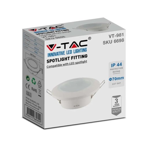 V-TAC GU10 Zapustené okrúhle tesné očko so sklom IP44 Biele