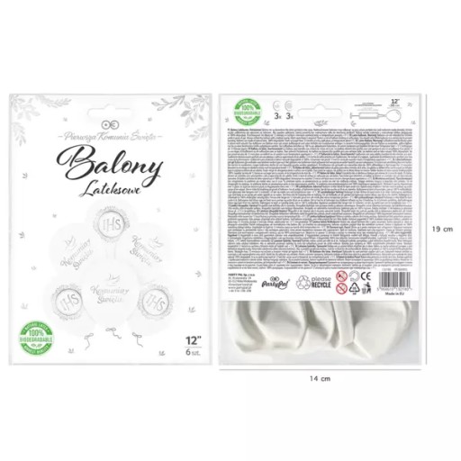 Balóny na sväté prijímanie IHS bielo strieborná potlač 30cm 6 kusov