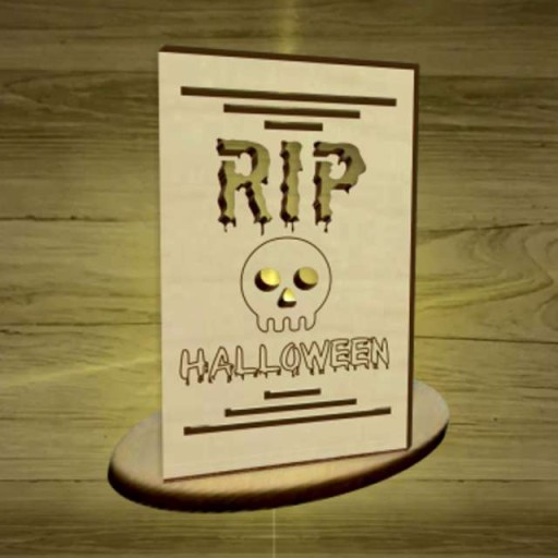 Vitráž drevená LAMPIÓNA s lebkou HALLOWEEN RIP 10cm