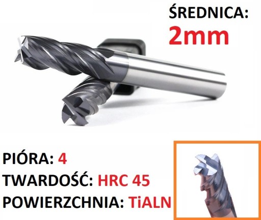 VHM tvrdokovová fréza 4p 2 mm stopka 4 mm TiAlN 45HRC CNC