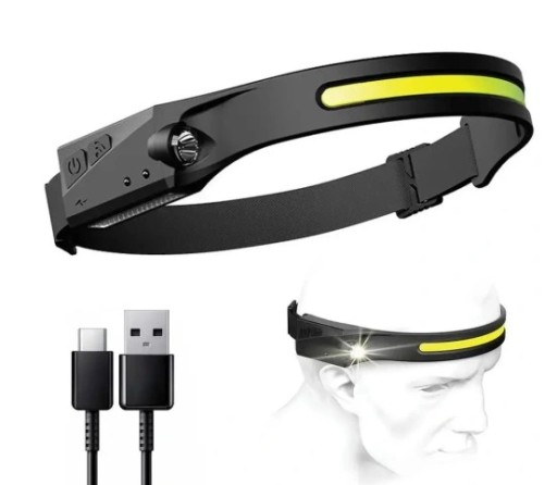 COB LED čelovka na beh, USB-C baterka, AKU pohybový senzor, 4v1