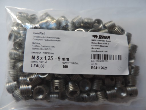 Objímky na opravu závitov M8 x 1,25 9mm, NEREZ