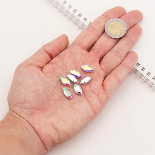 Štrasové kamienky na šitie v košíku, sklo a mosadz, konské oko 15x7mm, 10ks