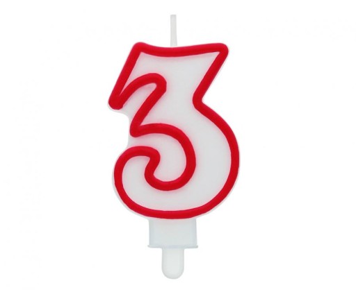Narodeninová sviečka číslo 3, biela s červeným obrysom, 7 cm