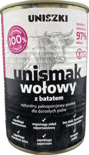 UNIsmak MOKRÉ KRMIVO PRE PSOV hovädzie s batátovou KONZERVOU 410g UNISZKI