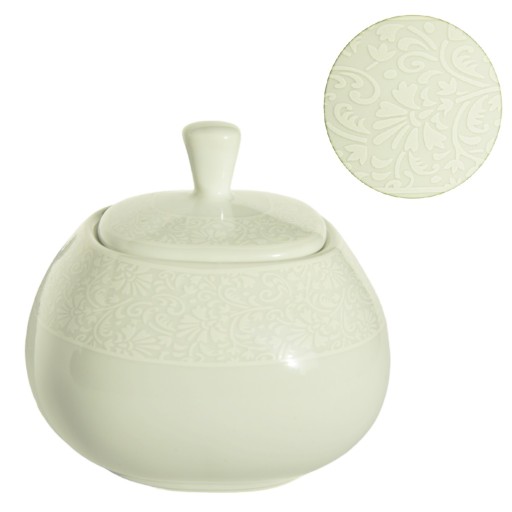 BIELA MISKA NA CUKOR s porcelánovým vrchnákom, nádoba na cukor, čipka Rina 1079