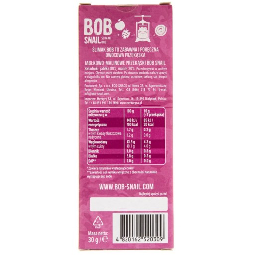 BOB SLIMÁČEK OVOCNÁ SNACK JABLKO MALINA 30G