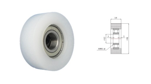 Plastový valček s ložiskom, priemer 41 mm, priemer 12 mm