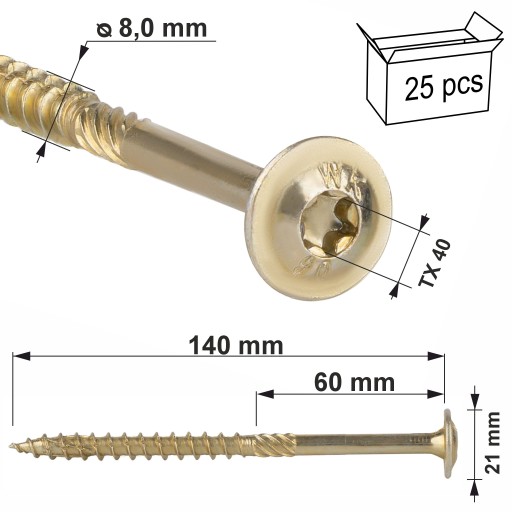 Stolárske skrutky 8x140 mm 25 ks Kotúč TORX Klimas WKCP