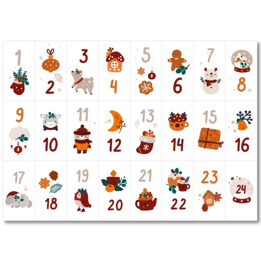 VIANOČNÉ ŠTÍTKY - ADVENTNÝ KALENDÁR Vianočný darček NÁLEPKY - 24x