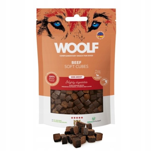 WOOLF prírodná pochúťka, jemné Hovädzie kocky 100g
