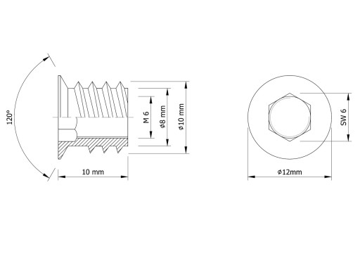 10x zásuvka M6 x 10 mm, skrutkovaná do tvrdého materiálu alebo dreva pomocou imbusového kľúča 6