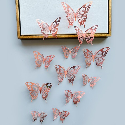 Prelamované ozdoby na tortu Butterflies Balónové steny 12 ks - RUŽOVÉ ZLATO