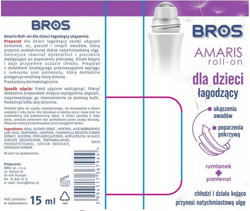 Roll-on upokojujúce uštipnutie komárom a osou pre deti Bros AMARIS - 15ml