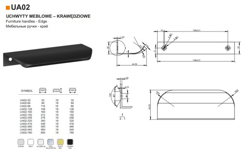 AMIX UA02-128-CZ-M KĽÚČKA UA02 MATNÁ ČIERNA 128/148mm hrana nábyt.